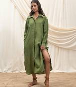 Olive green linen midi dress