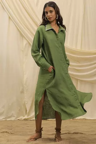 Olive green linen midi dress