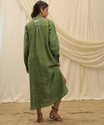 Olive green linen midi dress 4
