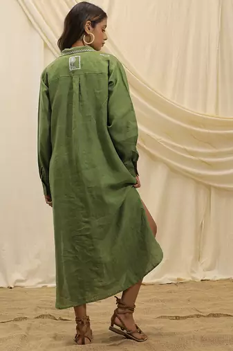 Olive green linen midi dress