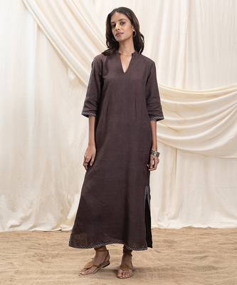 Toasted brown embroidered linen maxi dress 1