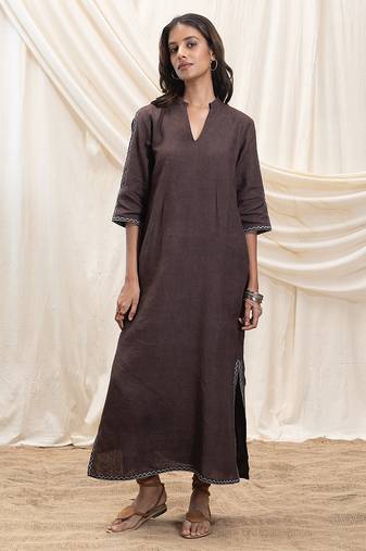 Toasted brown embroidered linen maxi dress