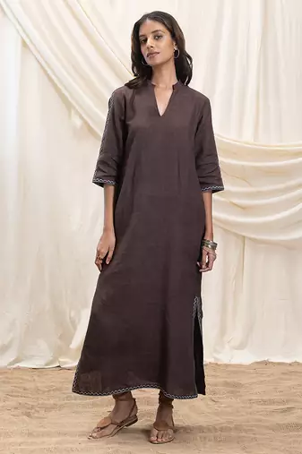 Toasted brown embroidered linen maxi dress