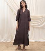 Toasted brown embroidered linen maxi dress