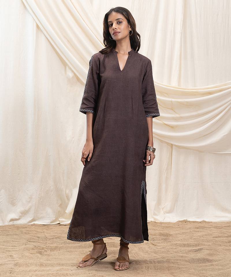 Toasted brown embroidered linen maxi dress