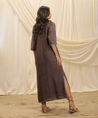 Toasted brown embroidered linen maxi dress 2