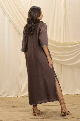 Toasted brown embroidered linen maxi dress