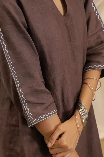 Toasted brown embroidered linen maxi dress