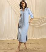 Powder blue embroidered linen maxi dress
