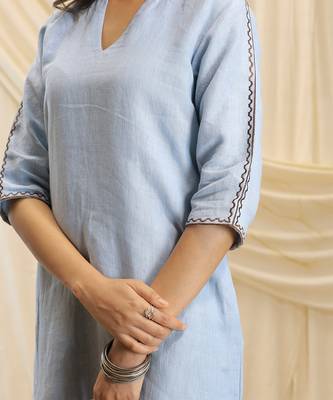 Powder blue embroidered linen maxi dress 2