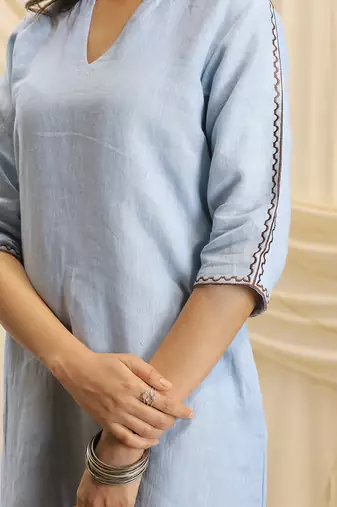 Powder blue embroidered linen maxi dress