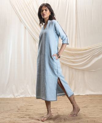 Powder blue embroidered linen maxi dress 3