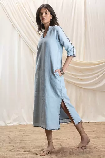 Powder blue embroidered linen maxi dress