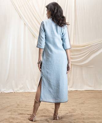 Powder blue embroidered linen maxi dress 4