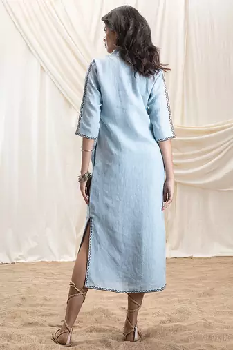 Powder blue embroidered linen maxi dress