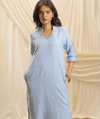 Powder blue embroidered linen maxi dress 5