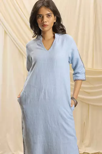 Powder blue embroidered linen maxi dress