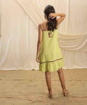 Lime green linen frilled dress 3
