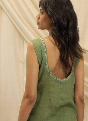 Olive green linen short dress 3
