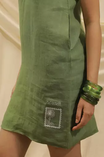 Olive green linen short dress