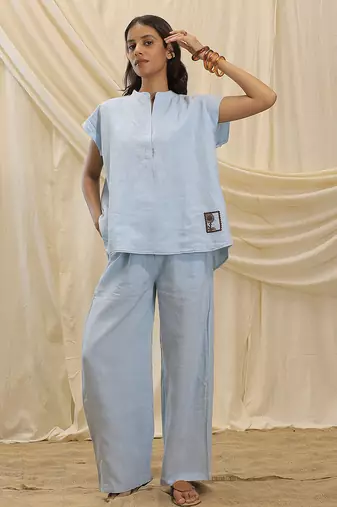 Powder blue linen tunic top