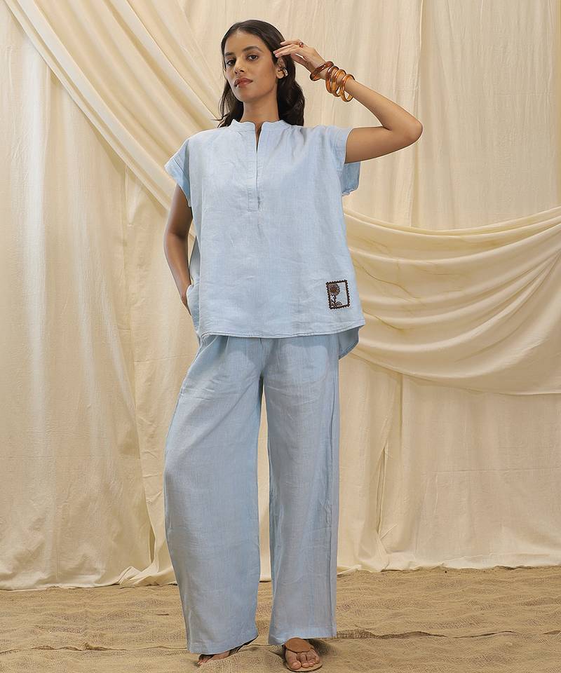 Powder blue linen tunic top