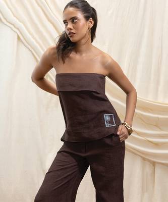 Brown linen strapless top 1