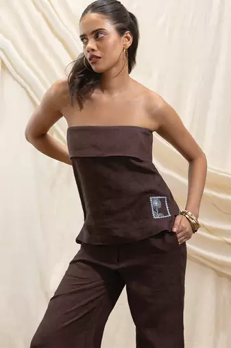 Brown linen strapless top
