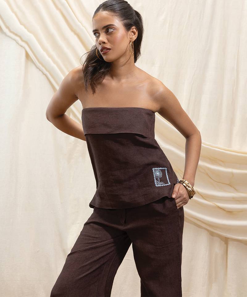 Brown linen strapless top