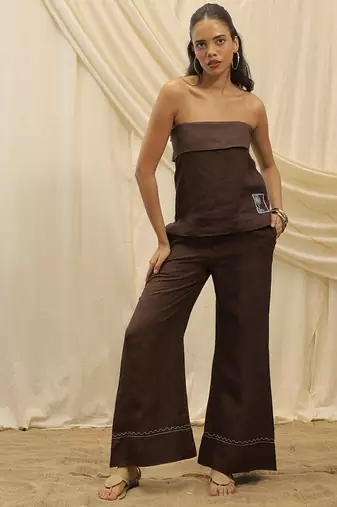 Brown linen strapless top
