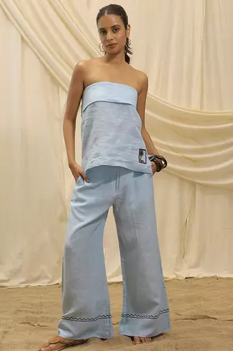 Powder blue linen strapless top