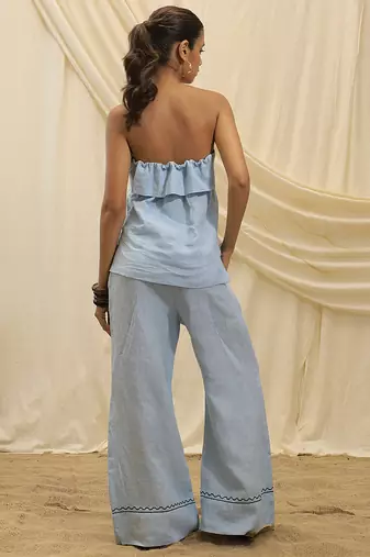 Powder blue linen strapless top