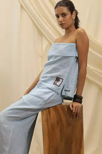 Powder blue linen strapless top