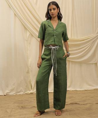 Olive green linen vest shirt top 2