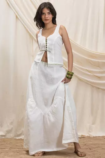 White linen laceup top