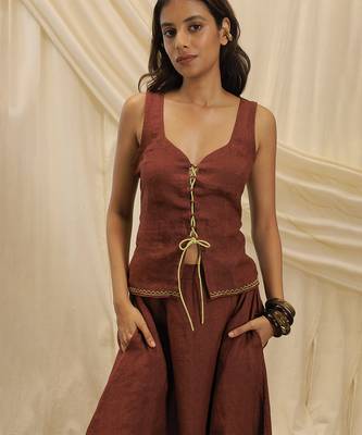 Burnt maroon linen laceup top 1
