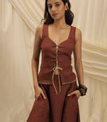 Burnt maroon linen laceup top