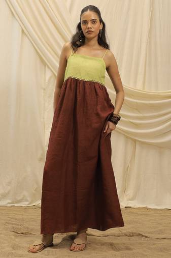 Lime green brown linen sun dress