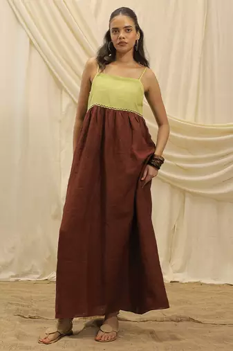 Lime green brown linen sun dress