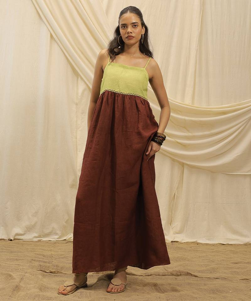 Lime green brown linen sun dress