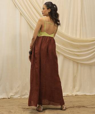 Lime green brown linen sun dress 2