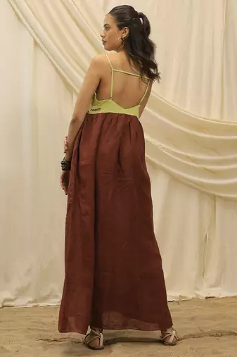 Lime green brown linen sun dress