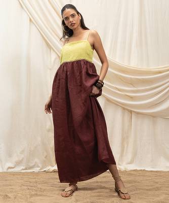 Lime green brown linen sun dress 3