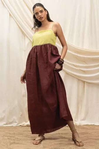 Lime green brown linen sun dress