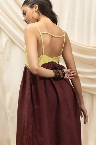 Lime green brown linen sun dress
