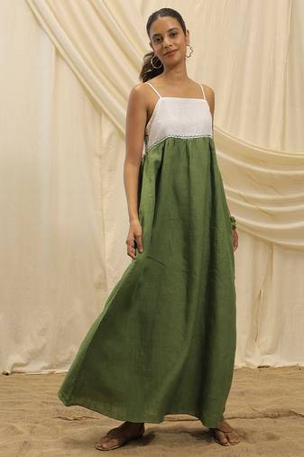 White olive green linen sun dress
