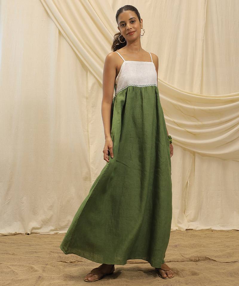 White olive green linen sun dress