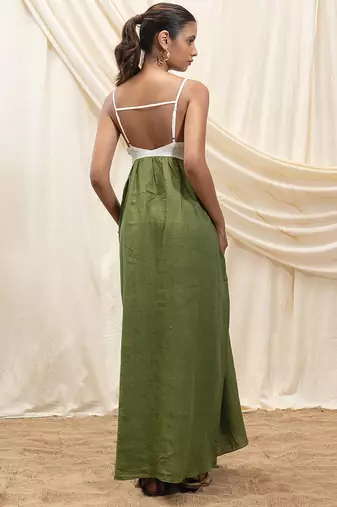 White olive green linen sun dress