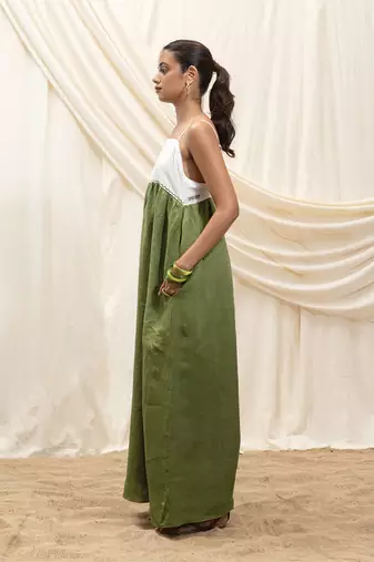 White olive green linen sun dress