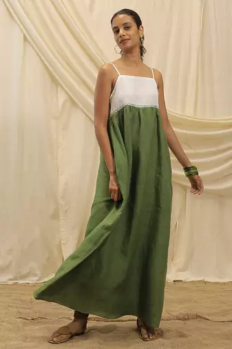 White olive green linen sun dress
